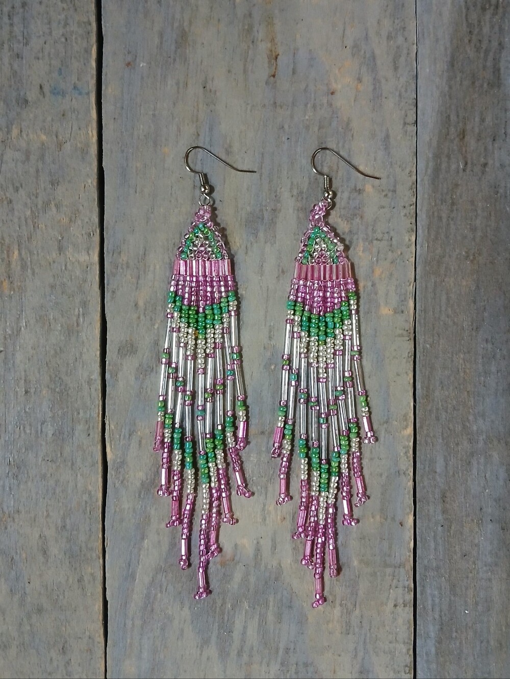 Handmade Seed Bead Pink Green Silver Iridescent Long Dangle Earrings